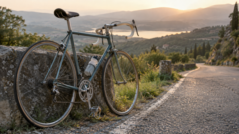 Ancien vélo de route en acier des années 80 posé au bord d’une route